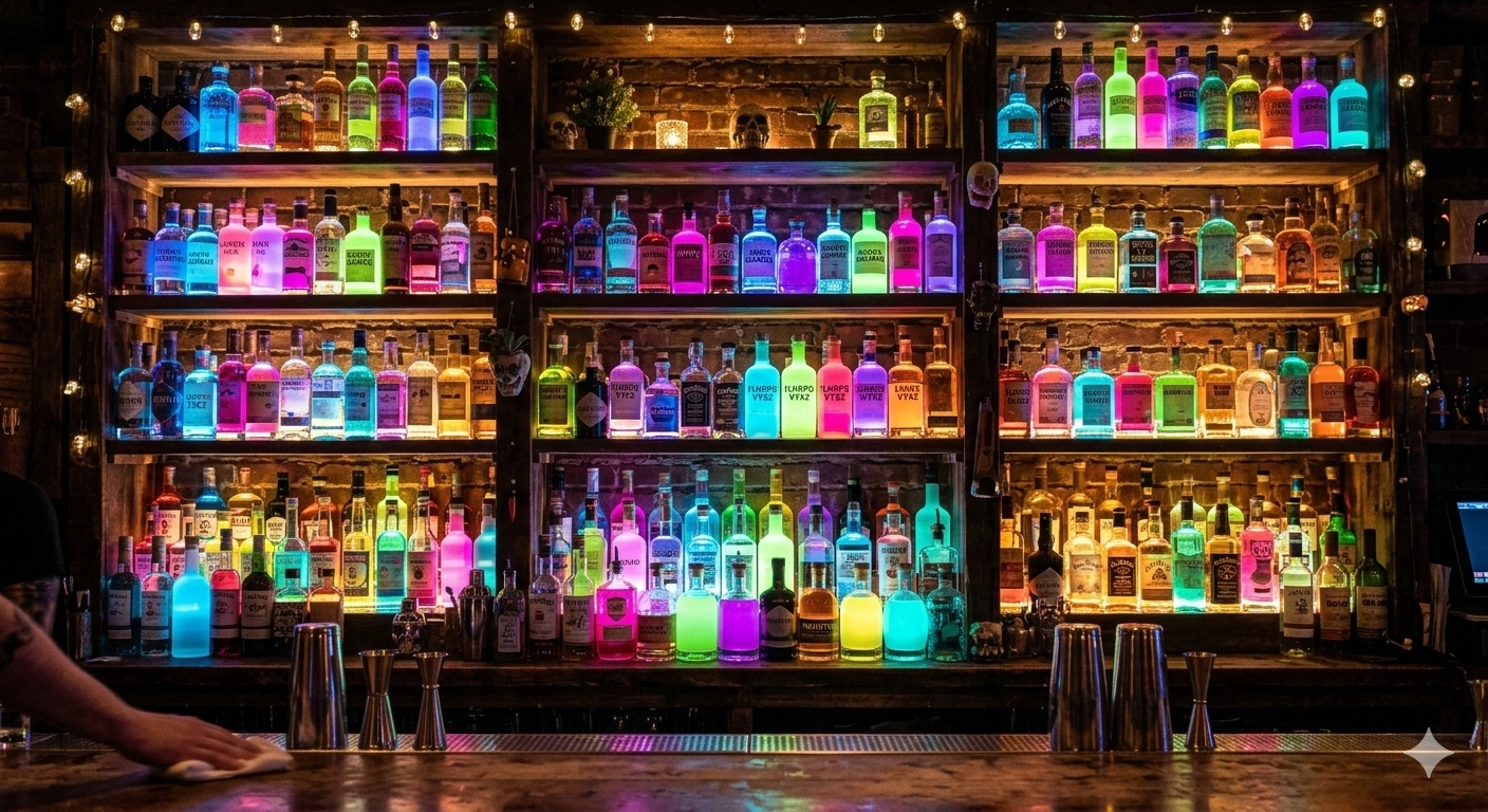 bottles of alcohol on shelves on a wall in a bar